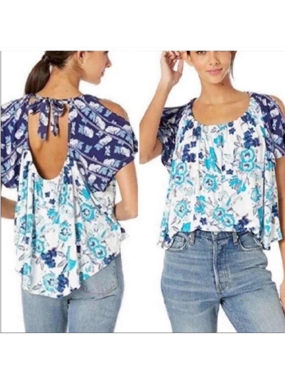 NWOT Free People Baja Babe Cold-Shoulder Blue, Teal & White FloralTie-Back